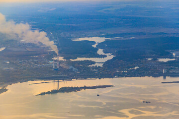 Aerial view of the Dnieper river and factory chimneys near Kiev, Ukraine