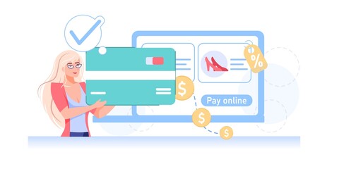 Vector cartoon flat girl character transfer money online using mobile app. Happy customer send funds,make pay with credit card on computer screen-online payment,web site banner,social media concept
