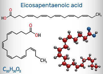 Eicosapentaenoic acid, EPA, icosapentaenoic acid, icosapent molecule. It is an omega-3 polyunsaturated long-chain fatty acid. Structural chemical formula and molecule model. Vector illustration