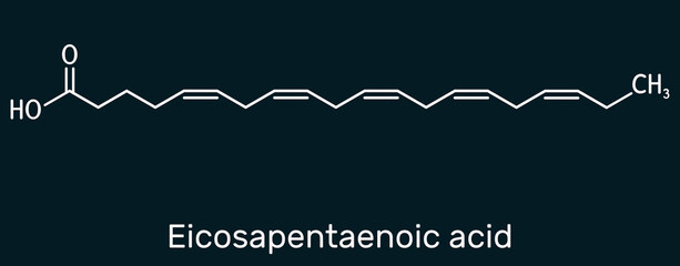 Eicosapentaenoic acid, EPA, icosapentaenoic acid, icosapent molecule. It is an omega-3 polyunsaturated long-chain fatty acid. Skeletal chemical formula on the dark blue background