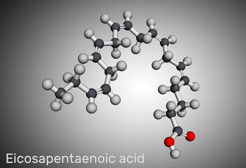 Eicosapentaenoic acid, EPA, icosapentaenoic acid, icosapent molecule. It is an omega-3 polyunsaturated long-chain fatty acid. Molecular model. 3D rendering