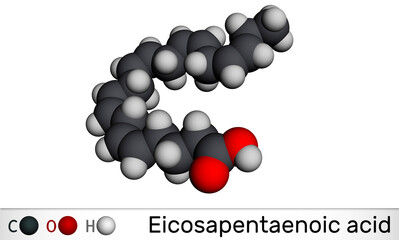 Eicosapentaenoic acid, EPA, icosapentaenoic acid, icosapent molecule. It is an omega-3 polyunsaturated long-chain fatty acid. Molecular model. 3D rendering