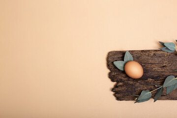 Zero waste Easter egg bunny with eucalyptus leaves ears on brown wooden board on beige background with copy space. Eco-friendly lifestyle. Sustainable holiday decor. Top view