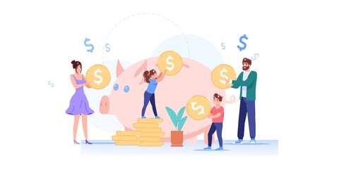 Fototapeta premium Vector cartoon flat happy family characters put gold coins in piggy bank.Parents kids saving money,follow home budget finance management plan-family budget,bank account,web site banner ad concept