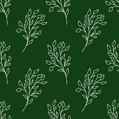 Minimalistic white branch on a green background. Seamless vector pattern. Eco-friendly life design