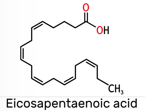Eicosapentaenoic acid, EPA, icosapentaenoic acid, icosapent molecule. It is an omega-3 polyunsaturated long-chain fatty acid. Skeletal chemical formula