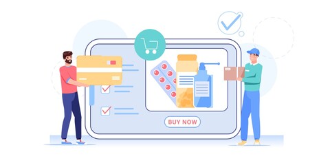 Vector cartoon flat man character buy goods,medicine online.Courier gives order medications to happy customer at online pharmacy store on mobile app screen-telemedicine,web site banner ad concept