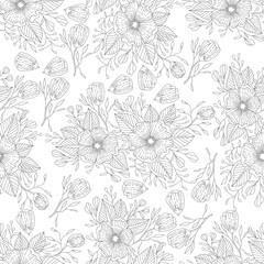 Monochrome doodle flower seamless pattern for adult coloring book. Black and white floral outline. Vector hand drawn illustration.