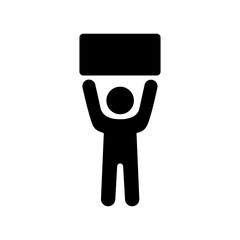 Man standing and holding in raised hands banner