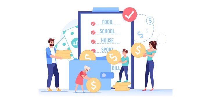Vector cartoon flat happy family characters put gold coins in wallet.Parents kids makes home budget finance management,following money saving plan list-family budget,web site banner ad concept