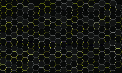 Abstract black texture hexagon background. Yellow light gradient color