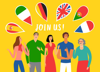 Illustration with people of different gender, race and age learning and speaking different languages.