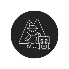 Mountain tourism glyph black icon. Cute girl in mountain hike kawaii pictogram. Sign for web page, mobile app, button, logo. Vector isolated element.