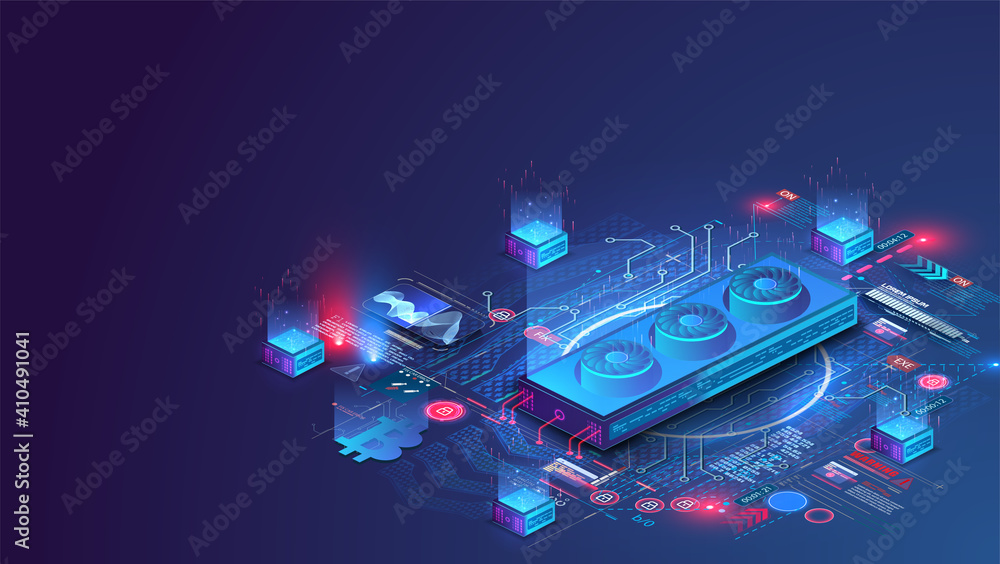 Aufkleber Crypto Mining concept. Creation, mining of Bitcoins. A data center, mainframe, or running futuristic graphics card on a blue background. Isometric vector illustration