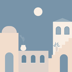 Old city minimalist boho illustration. Boho summer old city with stairs pattern for design tourism agency flyer, summer birthday greeting card, resort party advertising etc.