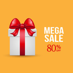 Mega Sale Golden business poster with red gift. Clean text on yellow background.