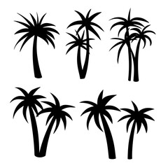 Coconut tree palm set icon in vector hand drawn style isolated on white background
