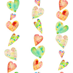 Seamless pattern with cute watercolour colourful hearts on white background. Valentine's day seamless pattern for  fabric, wallpaper, stationery. Wedding pattern