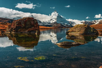 Matterhorn reflection in the lake Stellisee, Switzerland. Landscape photography at the Stellisee