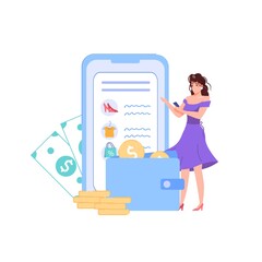 Vector cartoon flat woman character put gold coins in wallet.Happy girl makes home budget finance management with shopping list on mobile phone app screen-saving money,web site banner ad concept