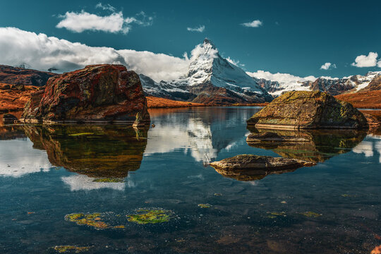 Matterhorn reflection in the lake Stellisee, Switzerland. Landscape photography at the Stellisee © Bernhard