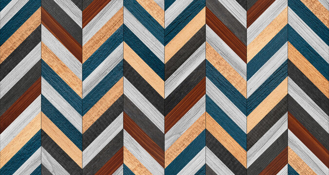 Seamless wooden planks texture. Colorful wooden wall with chevron pattern. Multicolored hardwood parquet floor.