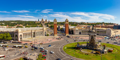 Aerial rooftop view of Placa d'Espanya or Plaza de Espana or Spanish Square and Fountain Of...