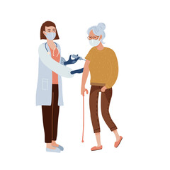Covid-19 Vaccination concept. Old woman having a vaccine injection. Female nurse or doctor gives a shot in the shoulder. Medical treatment and healthcare. Vector flat illustration.