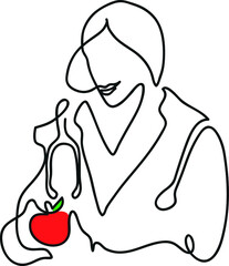 One line drawing of nutritionist doctor.
One continuous line drawing of nutritionist doctor holding organic fresh fruit.