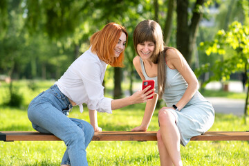 Naklejka na ściany i meble Two young women friends sitting on a bench in summer park looking in smartphone.