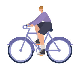 woman over a purple bycicle on a white background