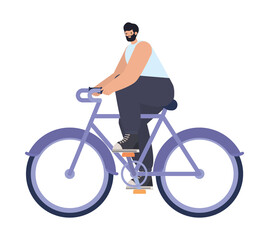 man over a purple bycicle