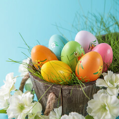 Happy Easter. Colorful Easter eggs and white flower on blue background. Square image