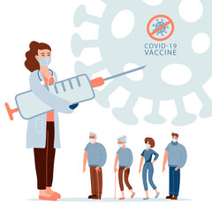 People of different ages in queue waiting for vaccination. Female doctor holding big syringe, injector. Seasonal vaccine, prevention immunize from covid-19. Vector flat character banner