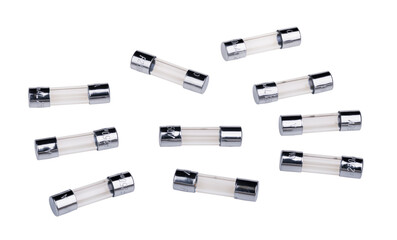 Small glass electrical fuses with fusible metal wire isolated on white background. Set of electronic circuit protectors. Safety device for overcurrent protection in transparent tube between terminals.