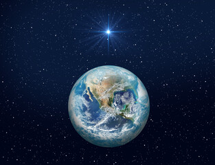 Christmas Star of Bethlehem Nativity, christmas of Jesus Christ. Planet Earth on dark blue night sky with bright star. Baner format. Elements of this image furnished by NASA