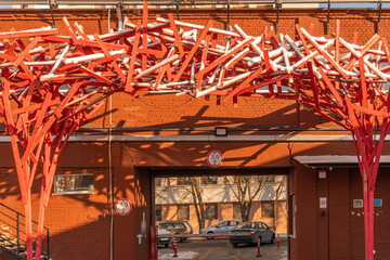 Minsk, Belarus - February 01, 2021: Decorating a creative space using red wooden blocks