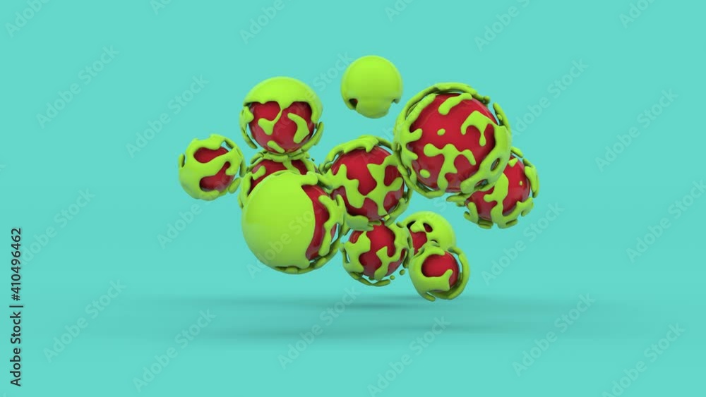 Poster 3d animation of red drops in a yellow shell on a blue background. background animation, an abstract 