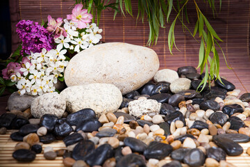 Aromatherapy, spa, beauty treatment and wellness background with massage stone, flowers ... spa concept