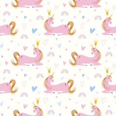 Vector repeat pattern of pink unicorn with crown. The unicorn lay down.