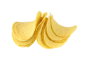 close up on fried potato chips isolated on white background