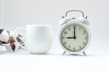 branch cotton, white cup and watch on the white background