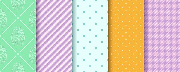 Easter seamless Patterns collection. Eggs, Gingham, Polka Dot and Striped pattern designs set. Endless texture for web, picnic tablecloth, wrapping paper. Pattern templates in Swatches panel.