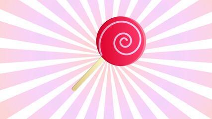 sweet round caramel on a stick, on a white-pink retro background, illustration. appetizing red lollipop, sugar candy. sweet candy made from natural berry juices, a healthy dessert