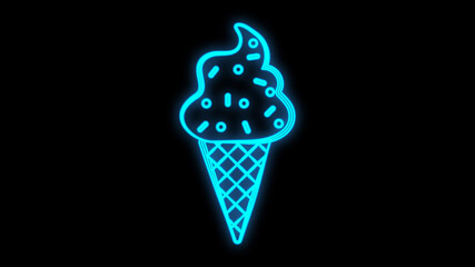 ice cream with balls in a waffle glass on a black background, illustration, neon. neon sign with the inscription ice cream in blue. design of catering, restaurants and cafes