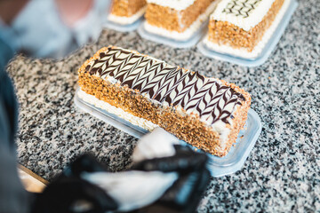 Professional confectioner decorating delicious cake in pastry shop. Sweets production and industry concept.