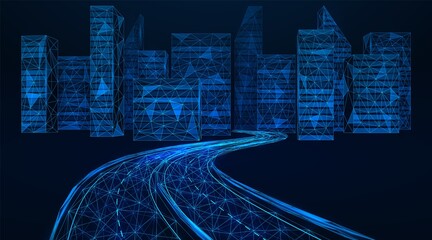 The road to the city. Polygonal construction of interlocked thin lines. Blue background.