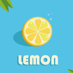 lemon, bright summer citrus fruit drawing, juicy yellow on a blue background