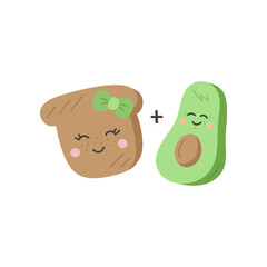 Cute avocado and toast vector illustration icons