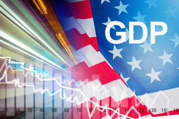 USA economy problems. Keeping America's GDP Crisis on financial market of America. Declining GDP of the United States. Falling rating next to USA share price. Concept - economists forecast for USA